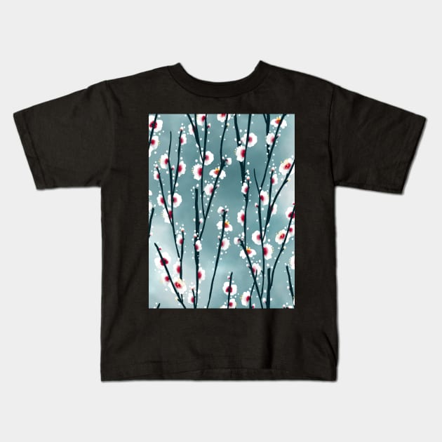 Plum Blossom Branch Pattern Kids T-Shirt by tanyadraws